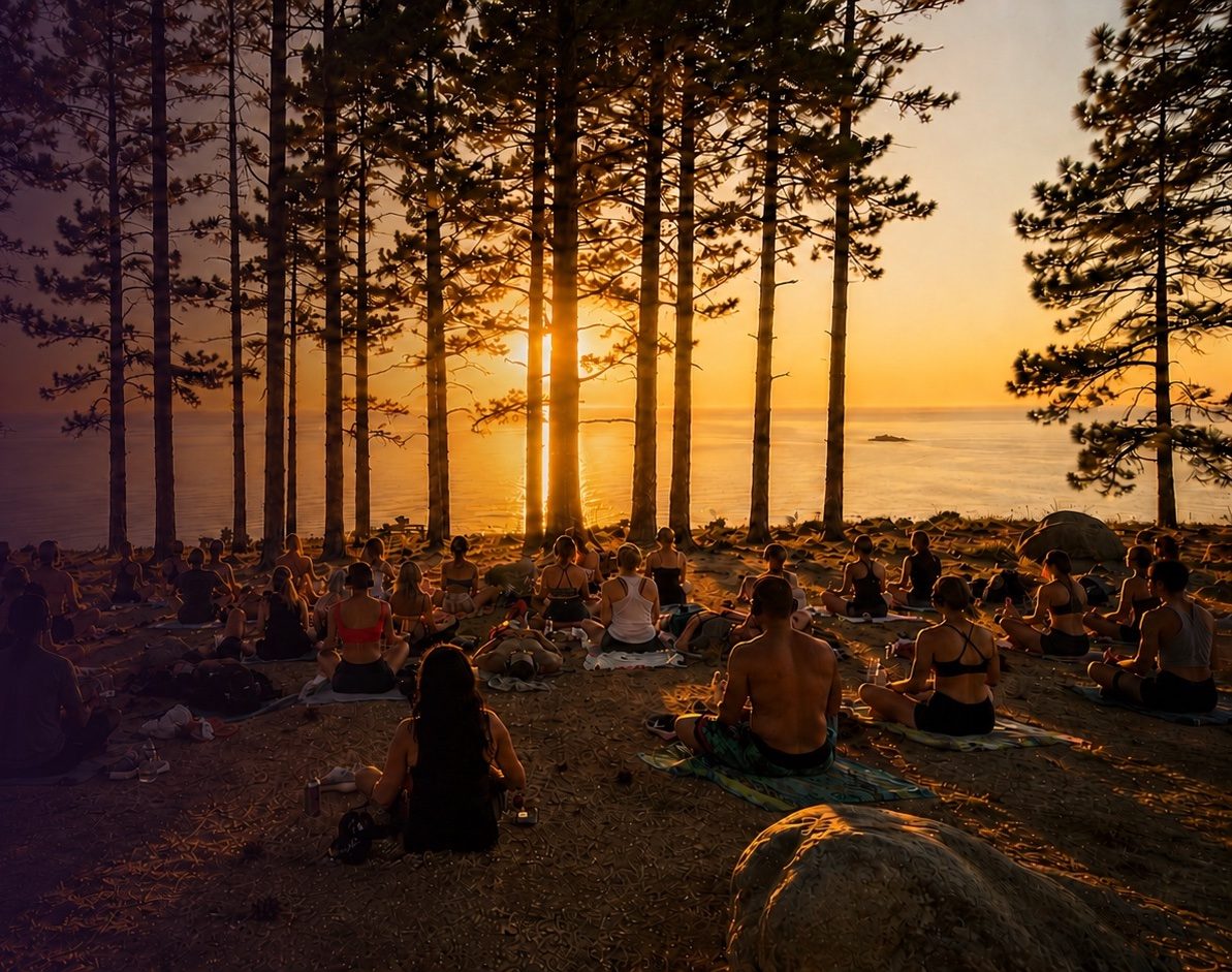 A meditation circle at sunset